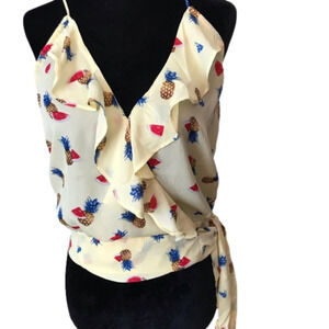 E hanger M sleeveless wrap blouse top with ruffles pineapple print.